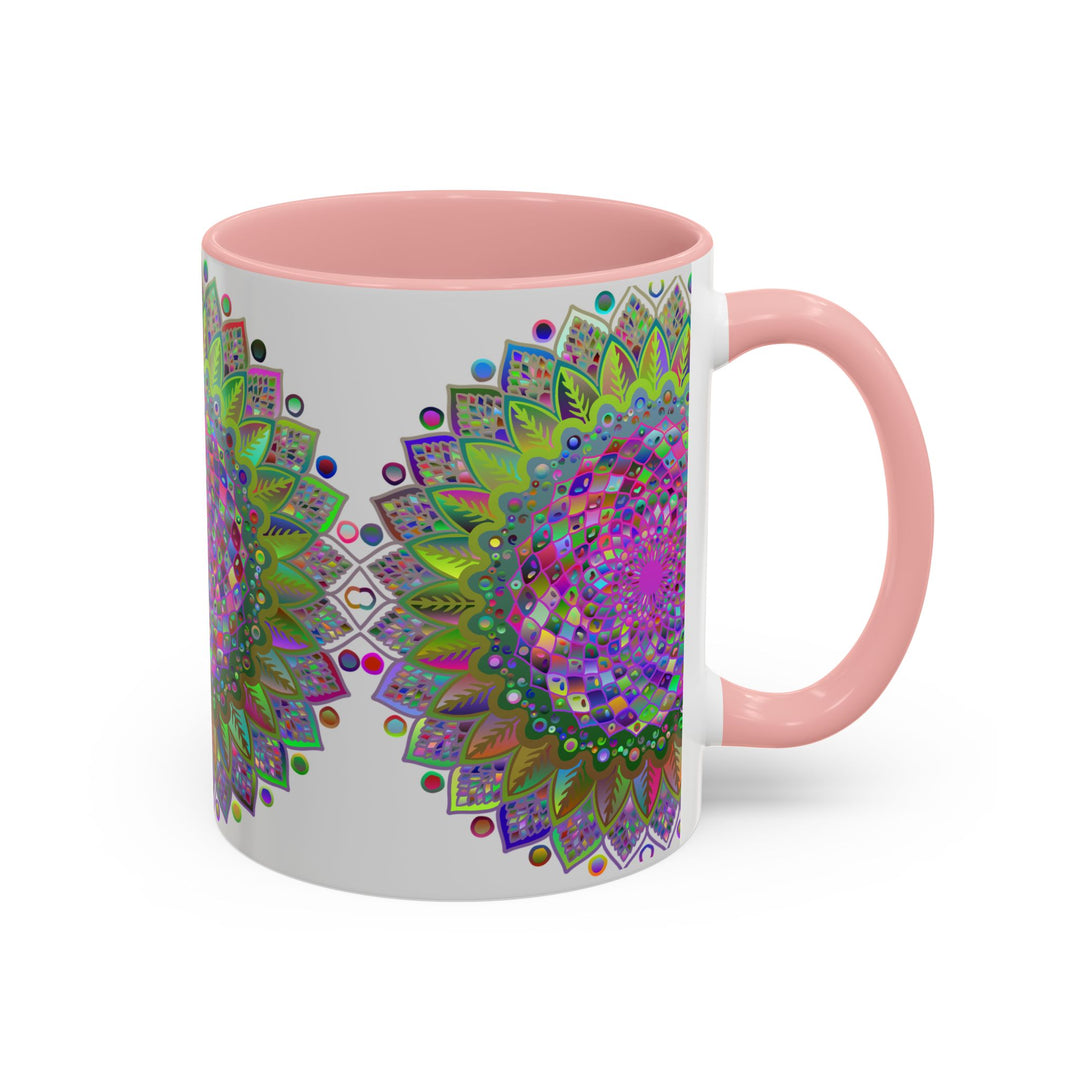 A close-up image of a vibrant and colorful psychedelic mandala mug with intricate artwork on a grey background, perfect for enjoying your favorite hot beverage in style