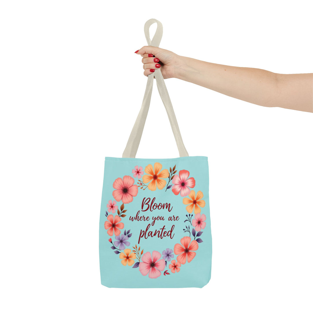 Floral tote bag with the quote 'Bloom Where You Are Planted' available in 3 sizes, perfect for carrying all your essentials in style