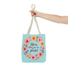 Floral tote bag with the quote 'Bloom Where You Are Planted' available in 3 sizes, perfect for carrying all your essentials in style