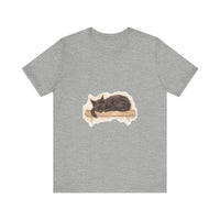 A cozy black cat sleeping peacefully in a watercolor design on a comfortable t-shirt