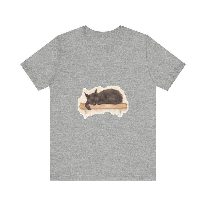 A cozy black cat sleeping peacefully in a watercolor design on a comfortable t-shirt