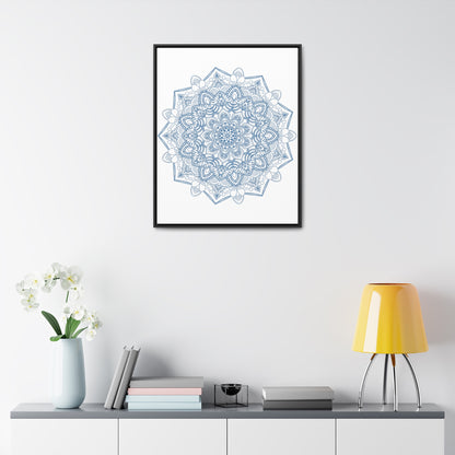 Vertical steel blue mandala handmade art on gallery canvas wraps