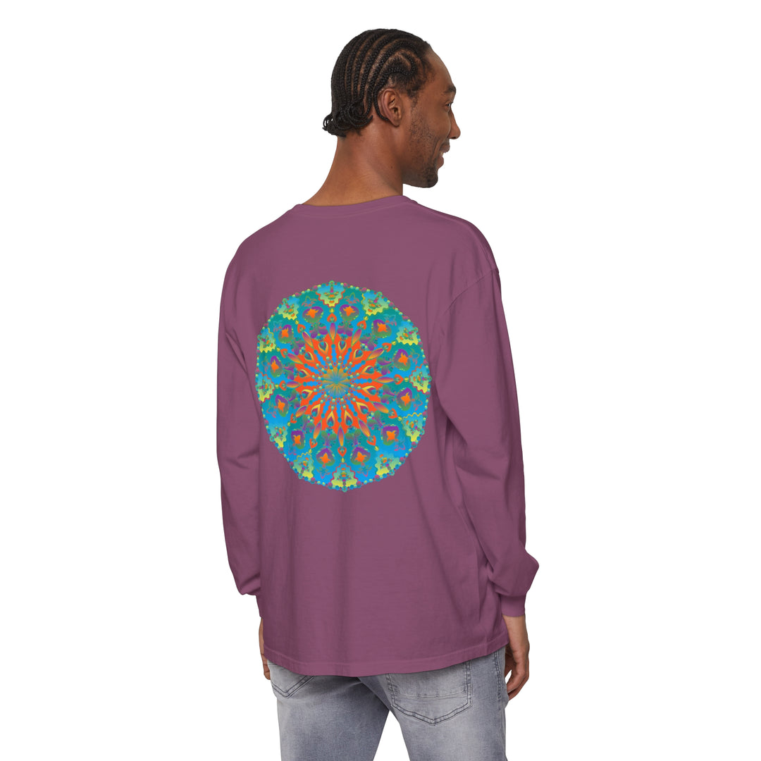 Colorful and intricate rainbow mandala design on a long sleeve t-shirt