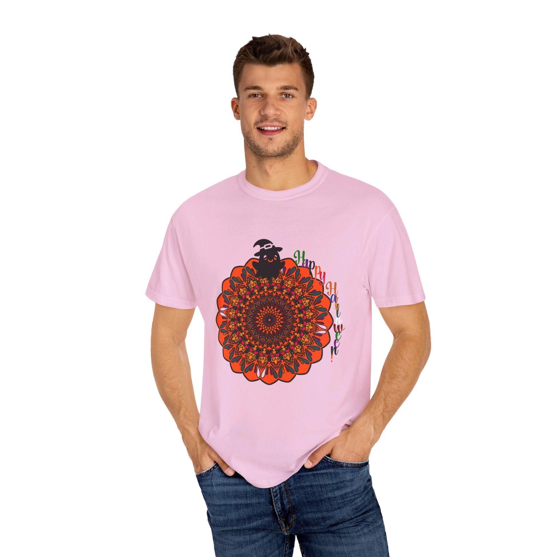 Handmade unisex Halloween mandala t-shirt featuring intricate pumpkin mandala art, garment-dyed for a unique and vibrant look