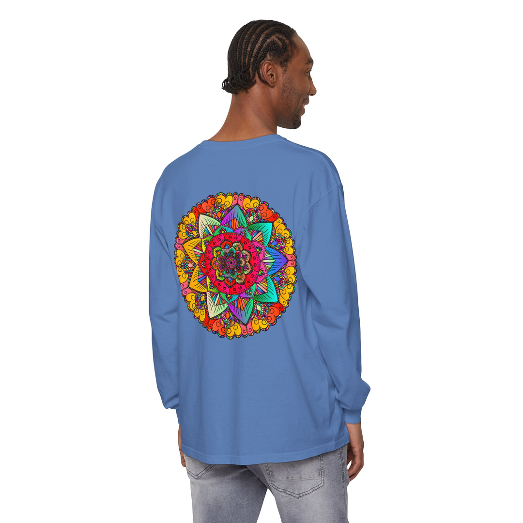 Vibrant Mandala Unisex Long Sleeve T-Shirt featuring intricate and colorful mandala design on a comfortable, high-quality fabric