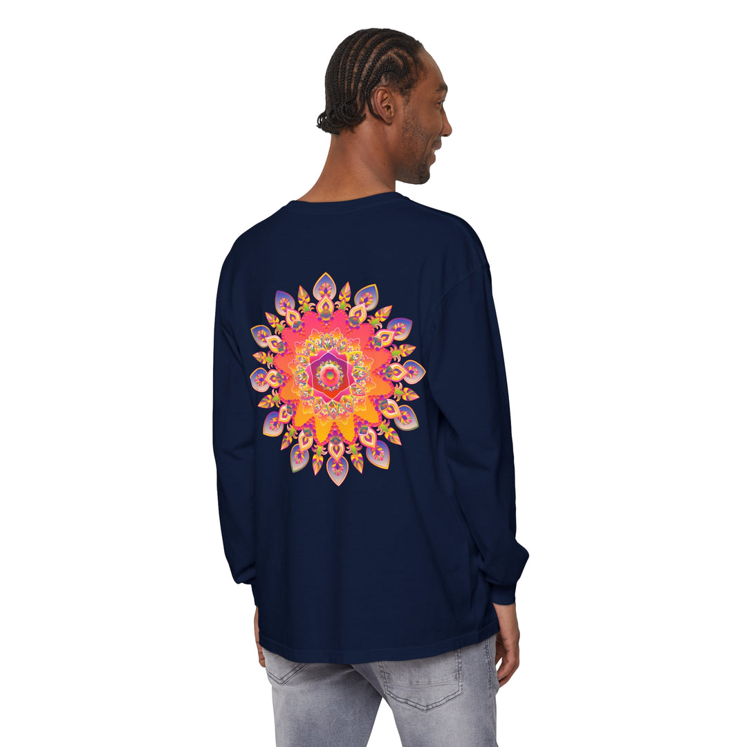 Colorful and detailed mandala design on a unisex long sleeve t-shirt