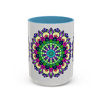 Colorful Mandala Art Mug with intricate spiritual design and vibrant colors