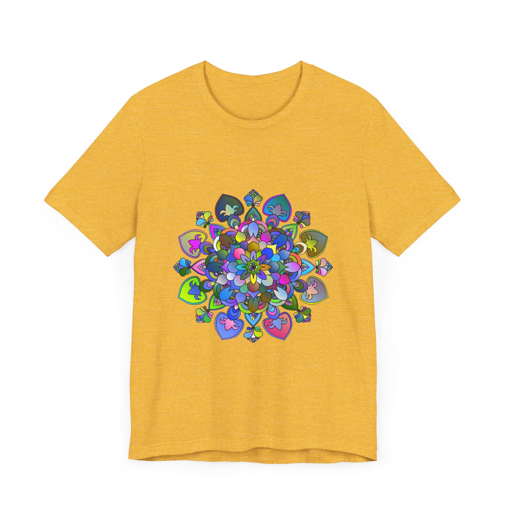 A close-up image of a vibrant mandala t-shirt featuring intricate and colorful art designs