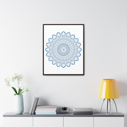 Beautiful steel blue mandala design wall art handmade on gallery canvas wraps, displayed in vertical frame