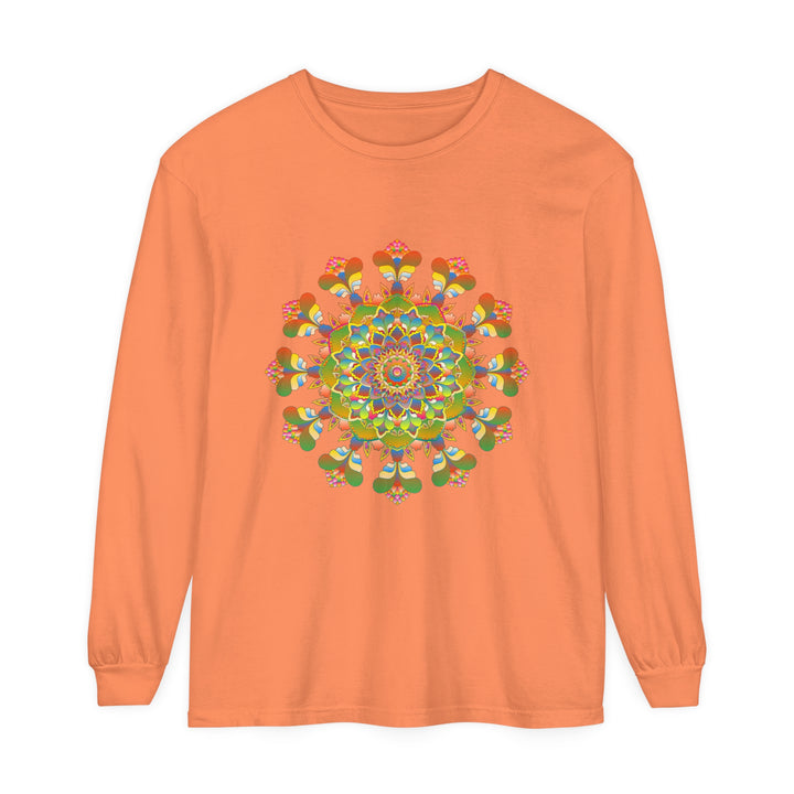 Vibrant mandala long sleeve t-shirt featuring colorful and intricate art design