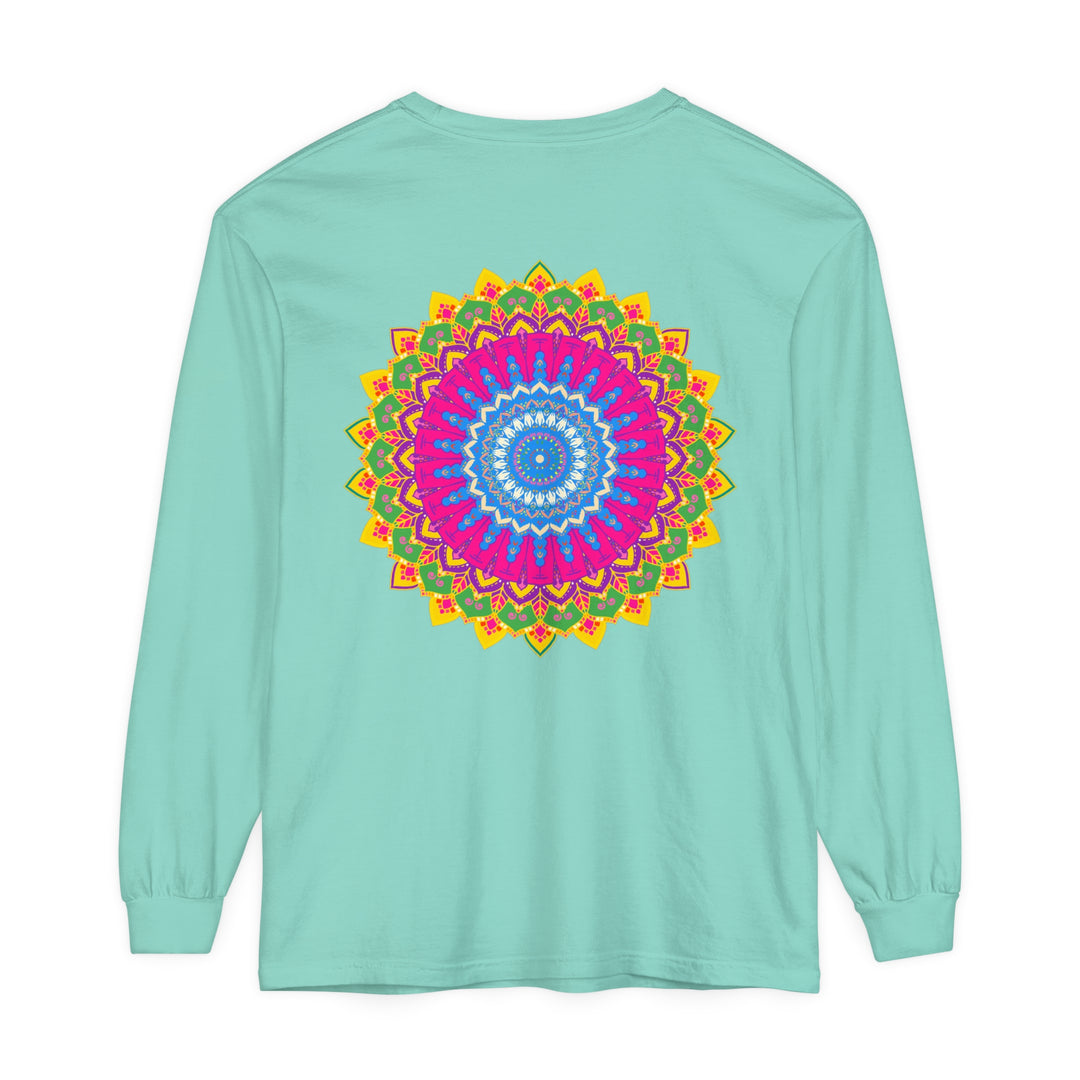 Colorful, intricate mandala design on a unisex long sleeve t-shirt