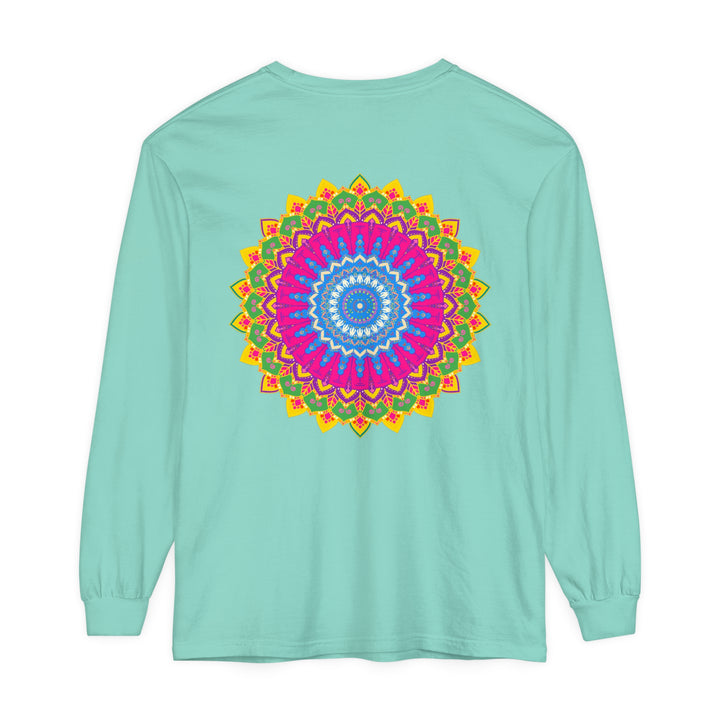 Colorful, intricate mandala design on a unisex long sleeve t-shirt