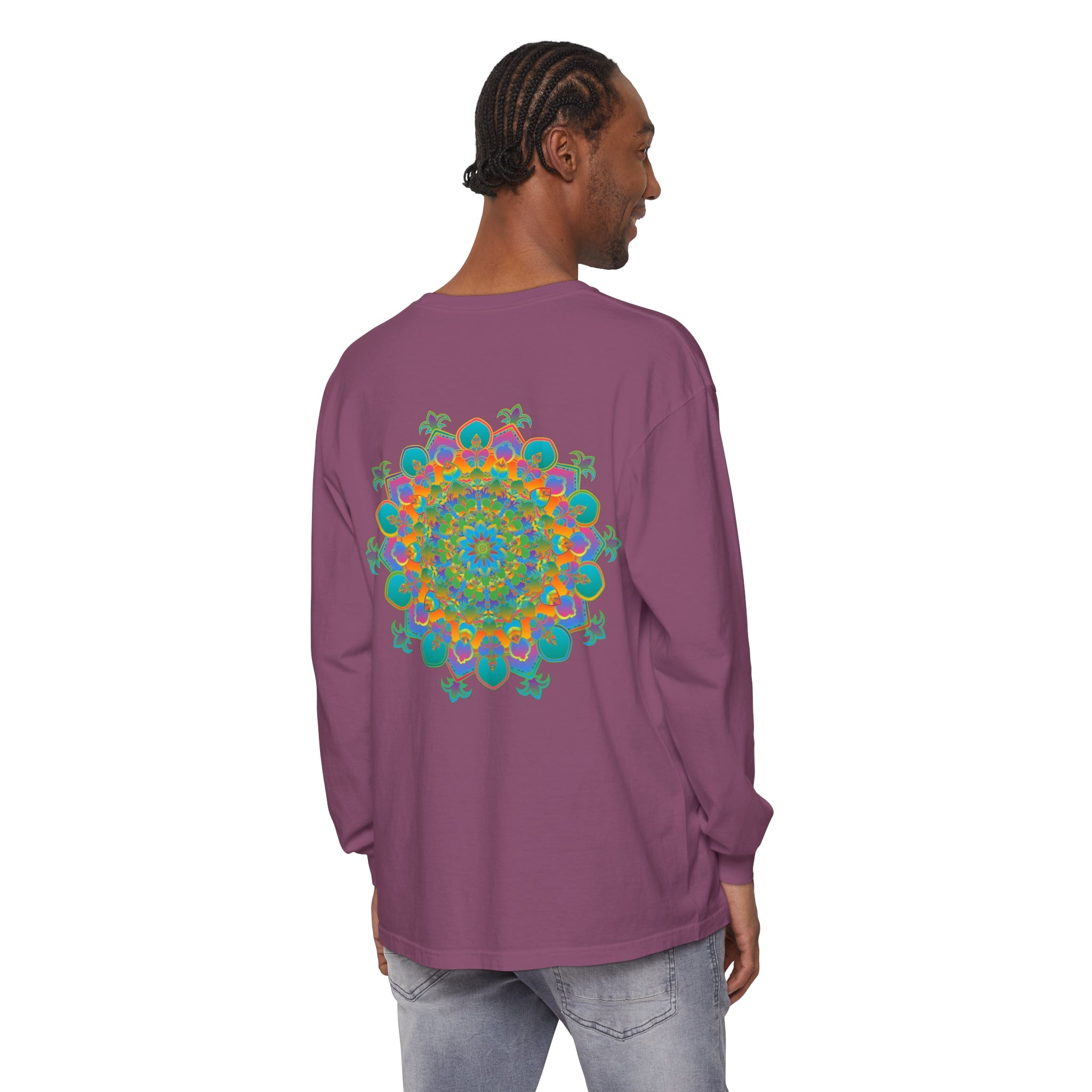 Vibrant Mandala Long Sleeve T-Shirt featuring intricate and colorful design, suitable for both men and women, available in various sizes and made with high-quality materials