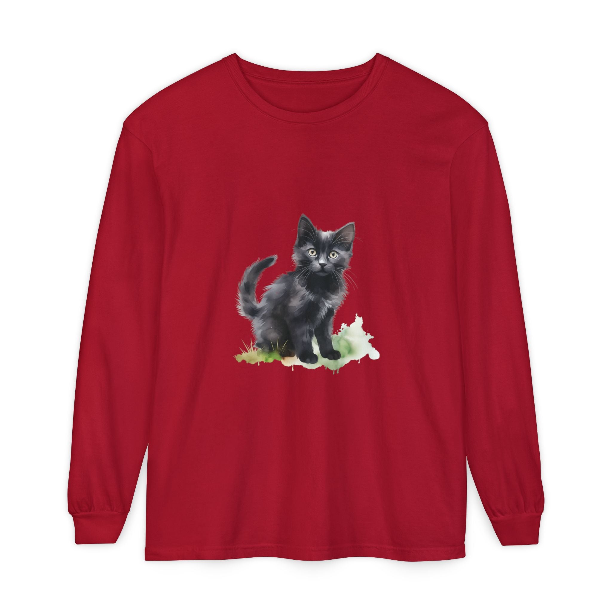 Maglietta a maniche lunghe con gatto nero e acquerello
