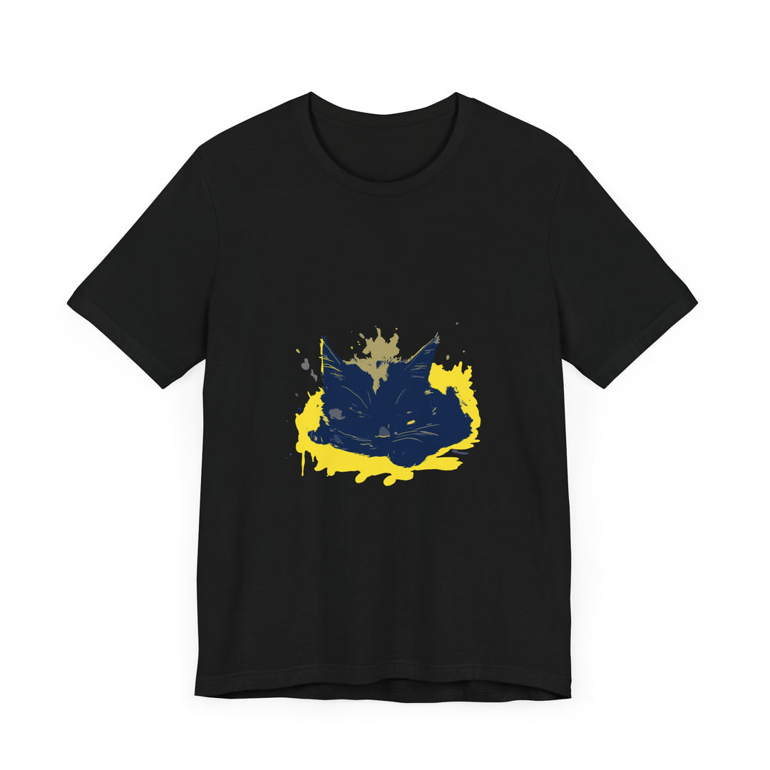 A black cat mystery street art t-shirt featuring a bold and colorful design