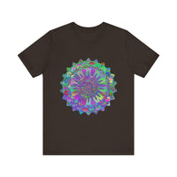 Colorful mandala t-shirt with vibrant blues, pinks, and yellows