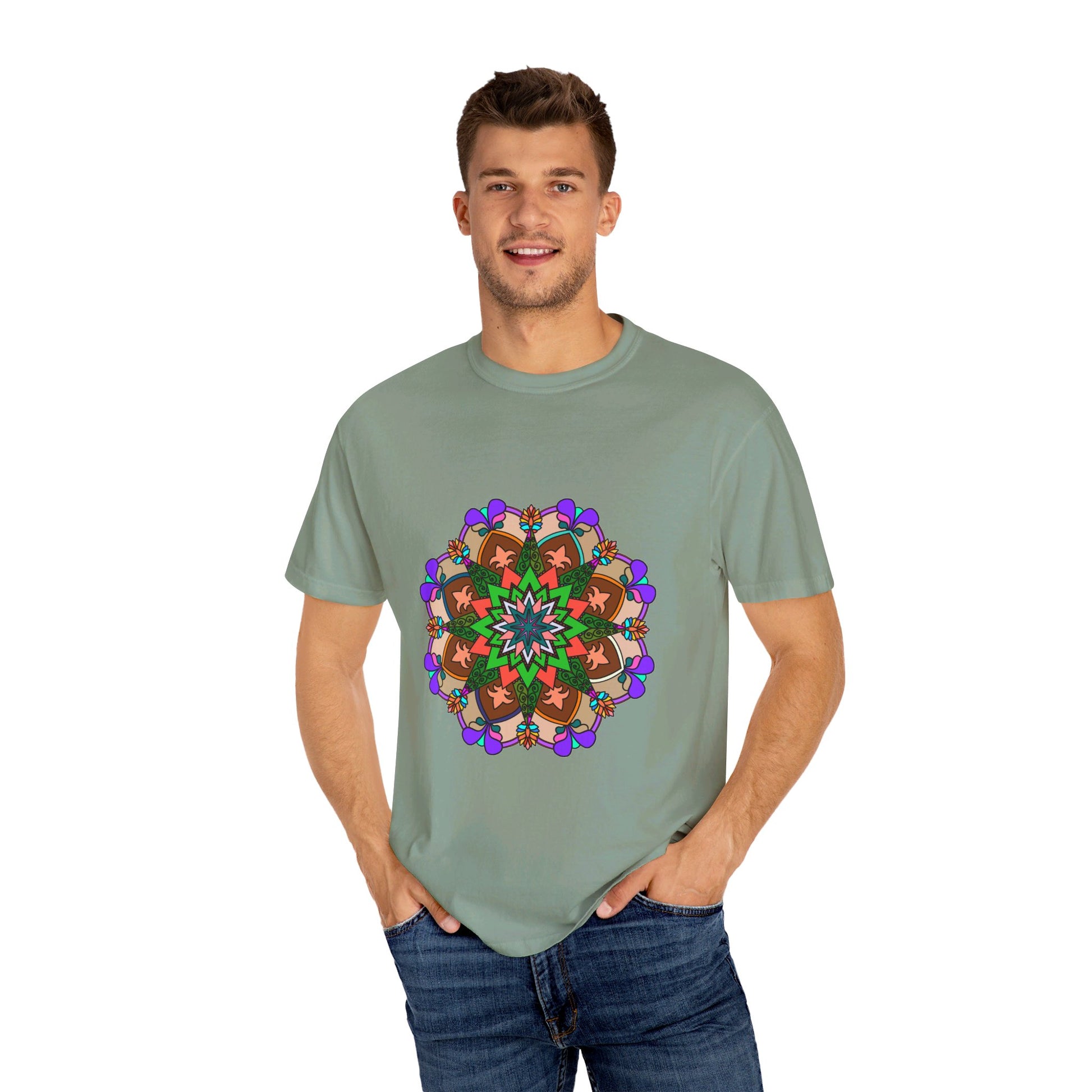 Unisex Mandala T-Shirt made of 100% Ring-Spun Cotton with Hand-Drawn Mandala Art and Garment-Dyed for Extra Comfort