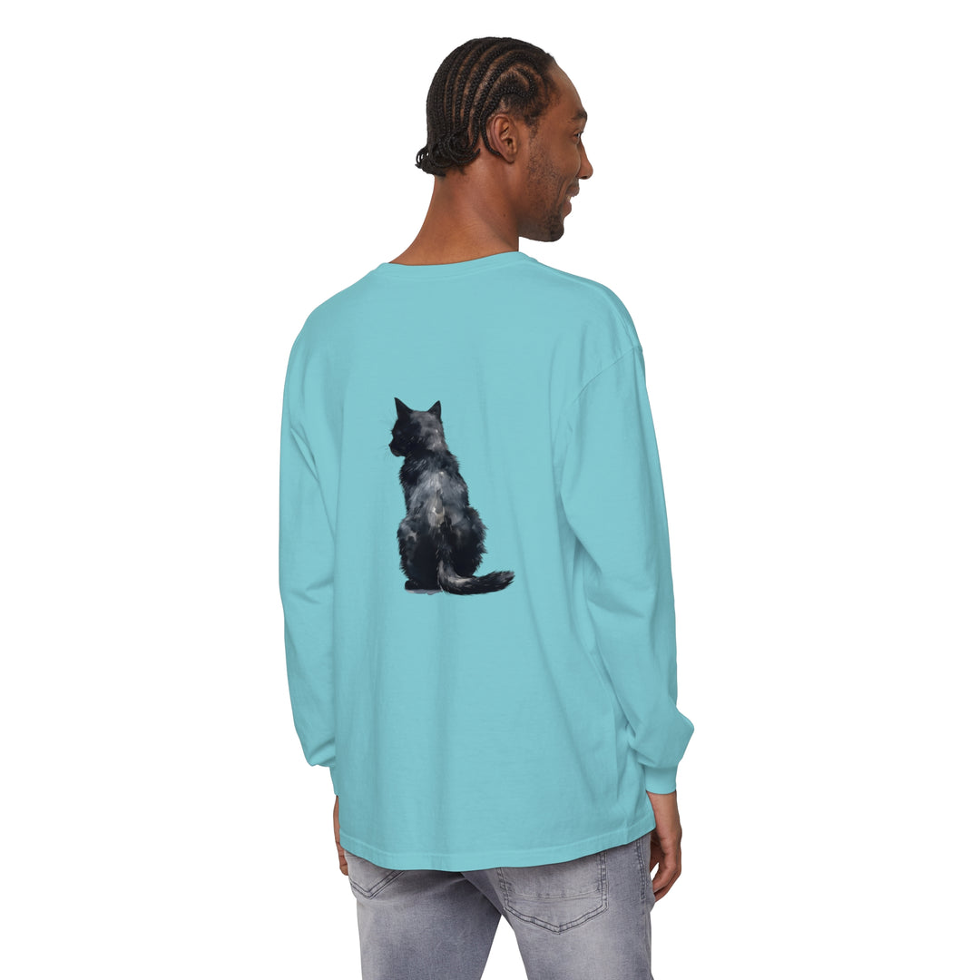 Black Cat Watercolor Long Sleeve T-Shirt, featuring a vibrant watercolor design of a black cat on a comfortable, long-sleeve shirt