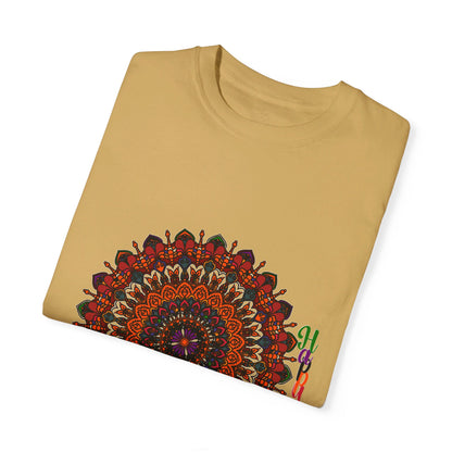 Handmade unisex Halloween mandala t-shirt featuring intricate pumpkin mandala art on a garment-dyed tee