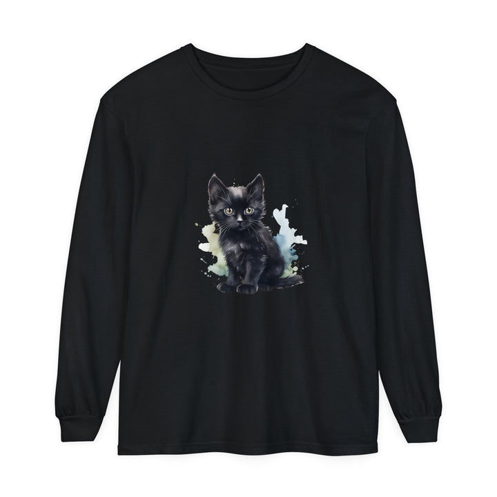 Black Kitten Watercolor Long Sleeve T-Shirt, featuring a cute and playful kitten design in vibrant watercolor style on a black long sleeve shirt