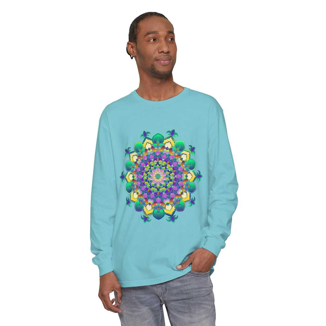 Colorful long sleeve t-shirt featuring an intricate mandala design on the front