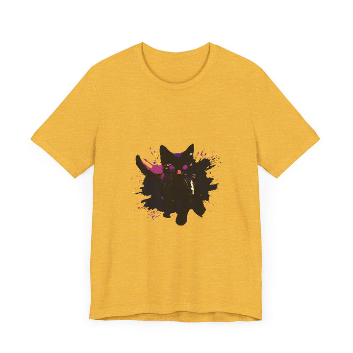 A bold and colorful Black Cat Mystery T-Shirt with a striking design and vibrant hues