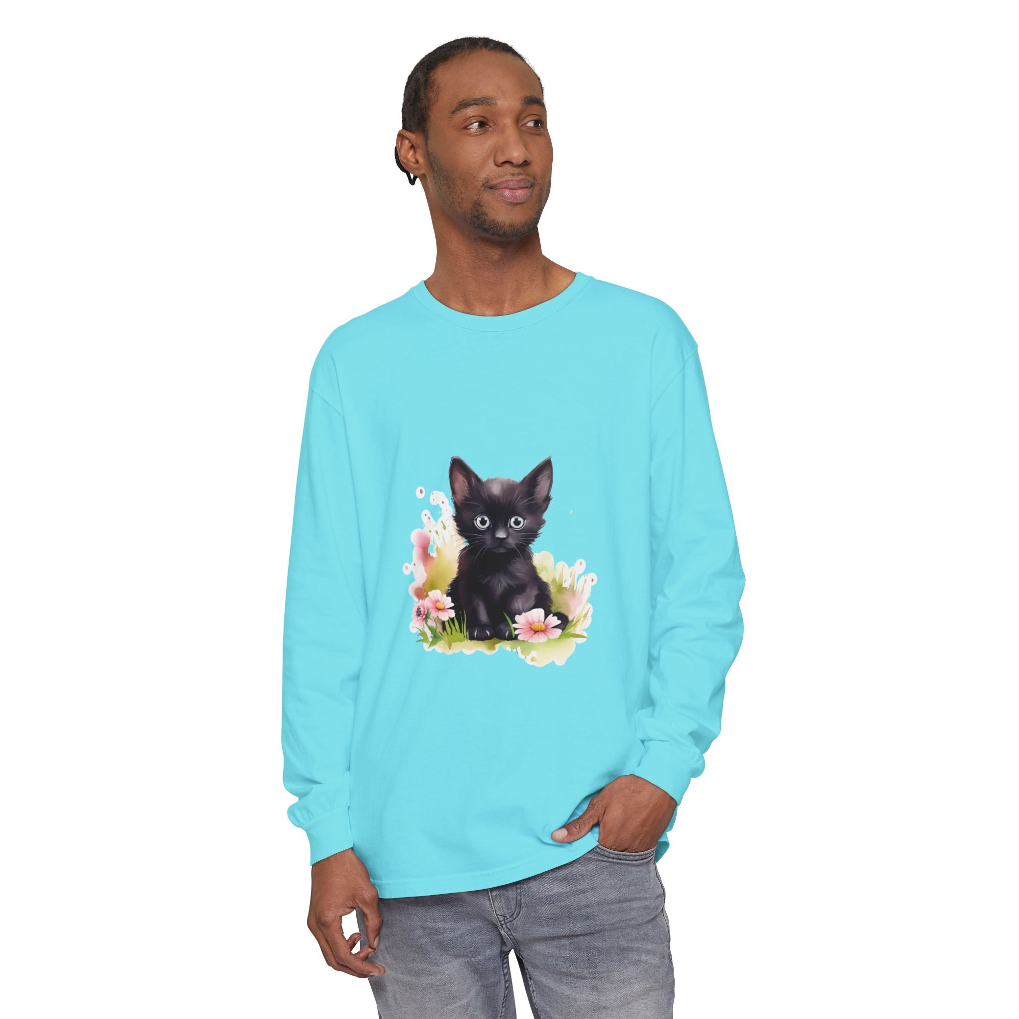 Black Kitten & Pink Flowers Long Sleeve T-Shirt
