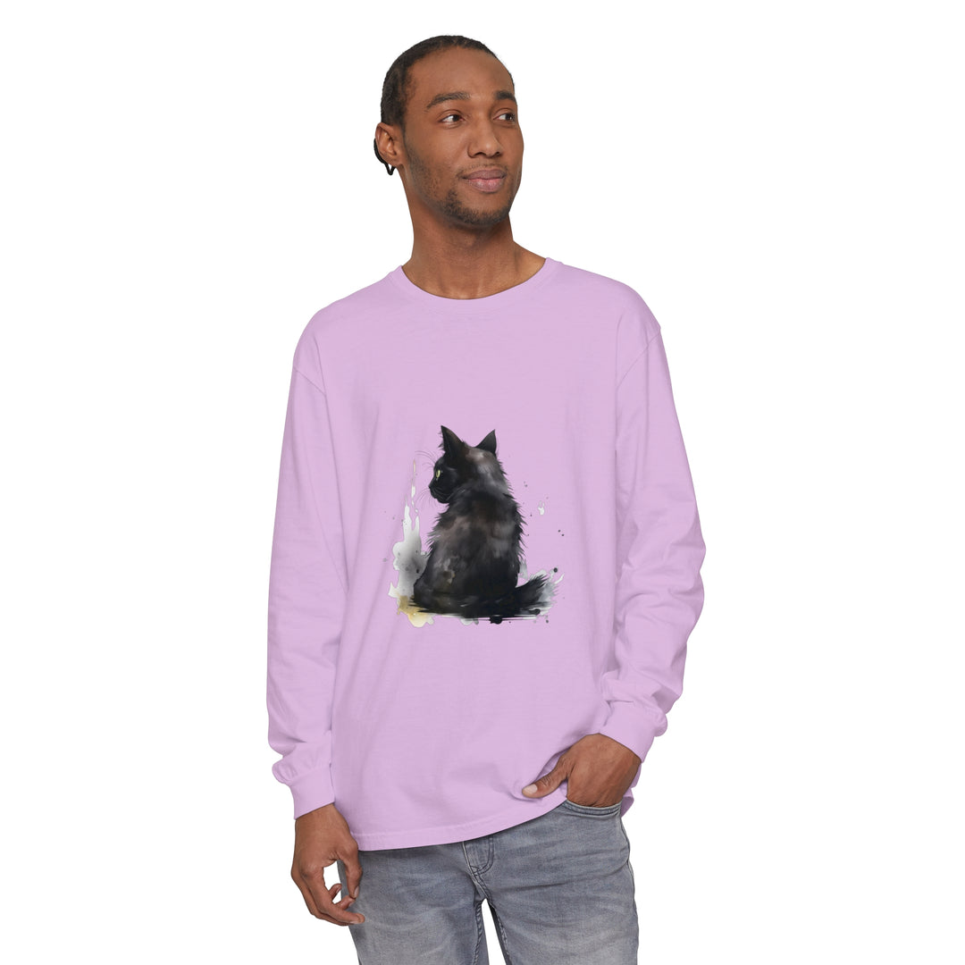 Black Cat Watercolor Dream long sleeve t-shirt with vibrant watercolor cat design