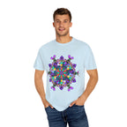 Colorful unisex mandala t-shirt made from 100% ring-spun cotton, hand-drawn mandala art, and garment-dyed for extra comfort