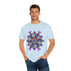 Colorful unisex mandala t-shirt made from 100% ring-spun cotton, hand-drawn mandala art, and garment-dyed for extra comfort