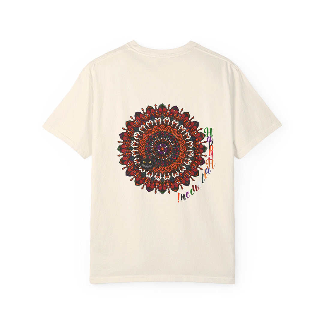 Unisex garment-dyed tee featuring handmade pumpkin mandala art for Halloween