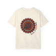 Unisex garment-dyed tee featuring handmade pumpkin mandala art for Halloween