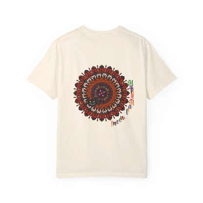 Unisex garment-dyed tee featuring handmade pumpkin mandala art for Halloween