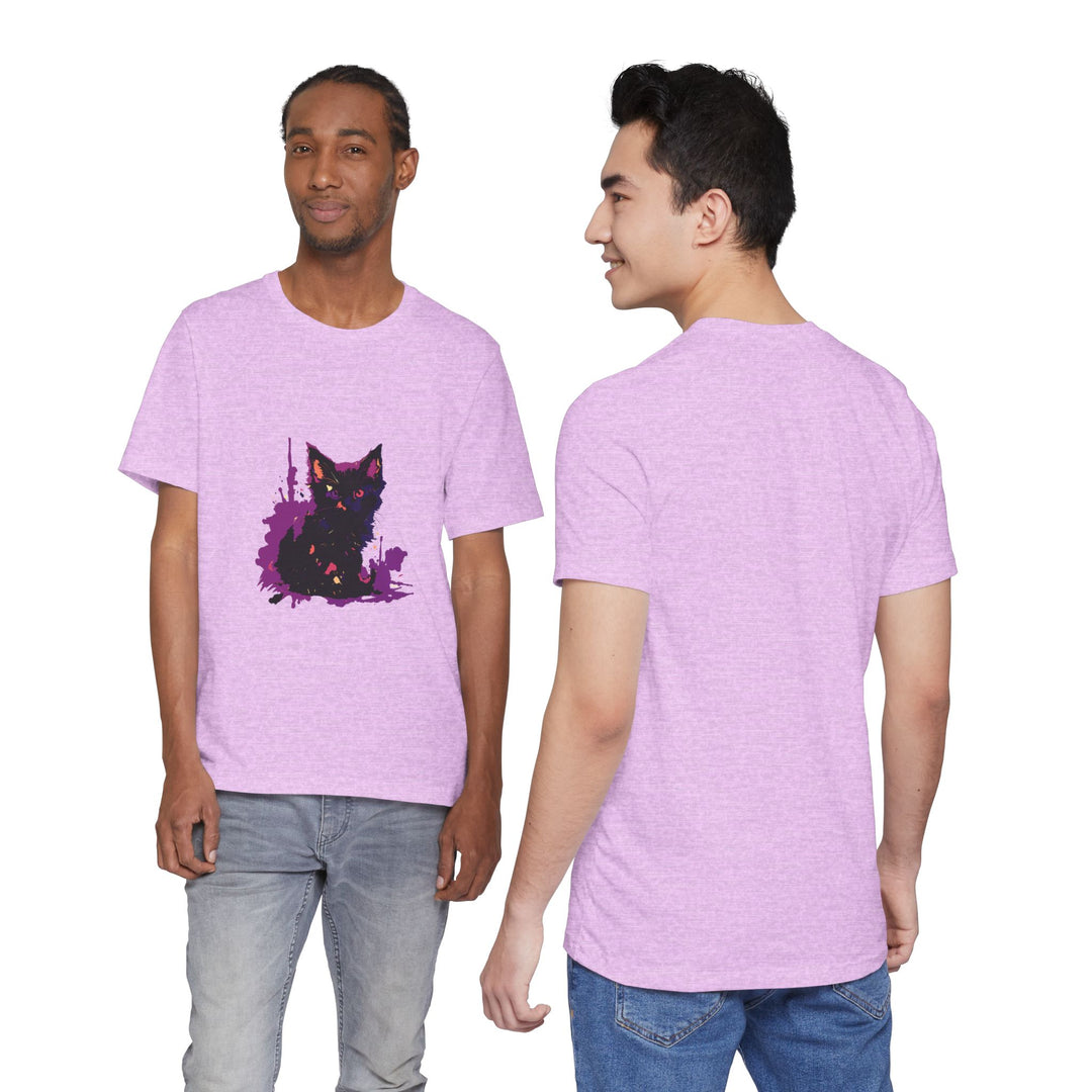 Schwarzes Katzenrätsel – Lila Farbspritzer-T-Shirt
