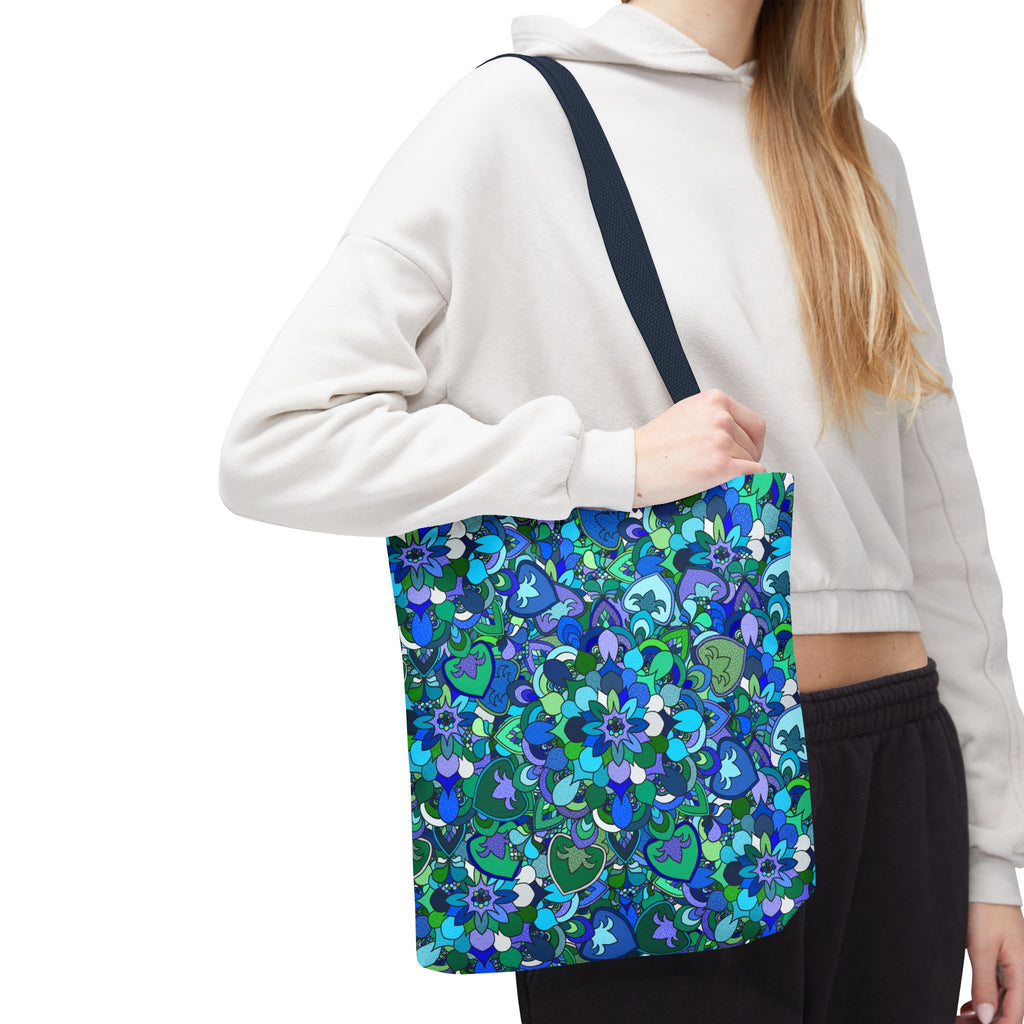 Borsa tote con stampa mandala floreale blu-verde — Shopper con stampa integrale vivace
