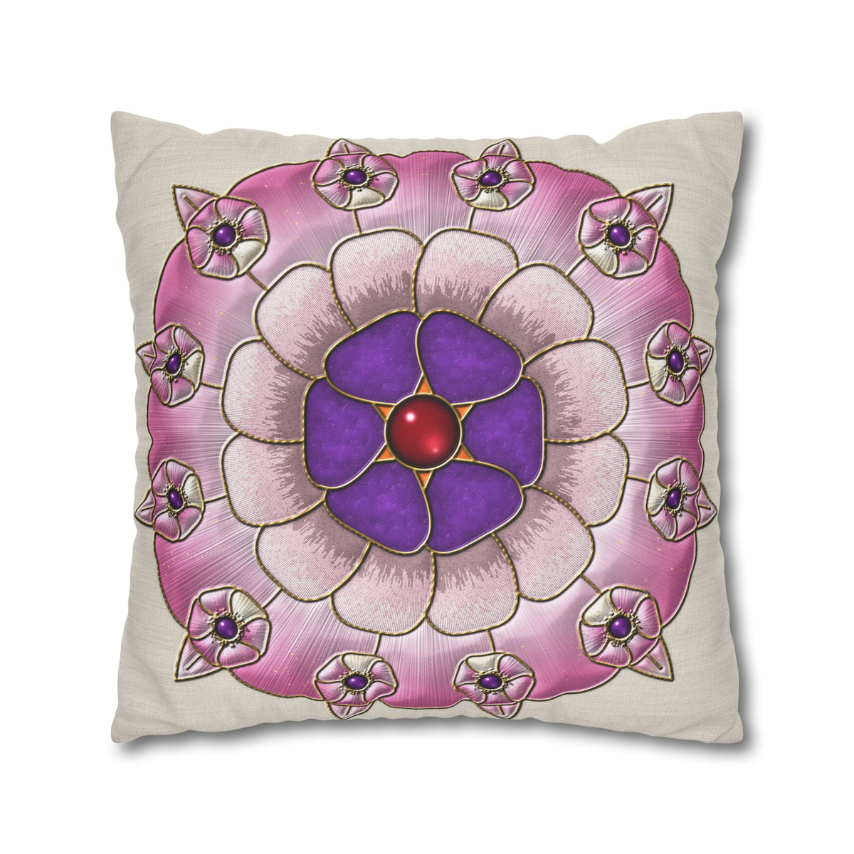 Federa quadrata con motivo a mandala floreale rosa e viola
