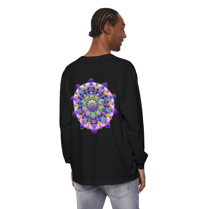 Colorful and intricate mandala design featured on unisex long sleeve t-shirt