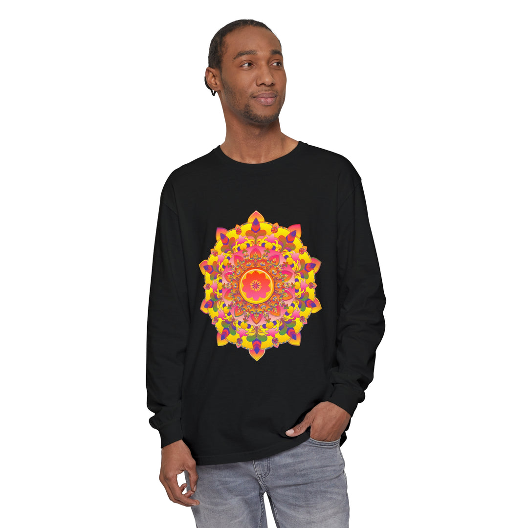 Vibrant Mandala Unisex Long Sleeve T-Shirt featuring intricate, colorful mandala design on comfortable fabric for both men and women