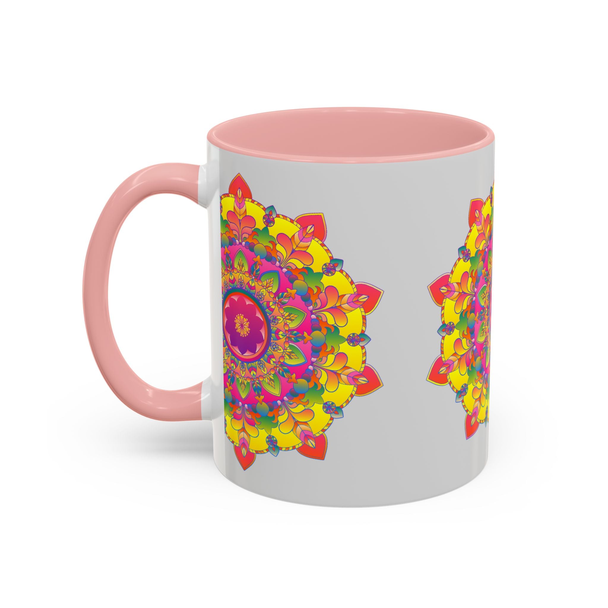 Beautiful mandala design in vibrant colors on a grey ceramic mug