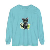 Black Cat Watercolor Long Sleeve T-Shirt featuring a stunning watercolor design of a black cat on a comfortable long sleeve t-shirt