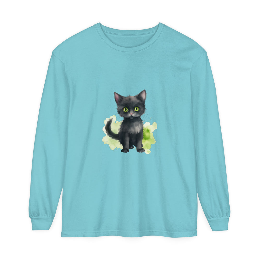 Black Cat Watercolor Long Sleeve T-Shirt featuring a stunning watercolor design of a black cat on a comfortable long sleeve t-shirt