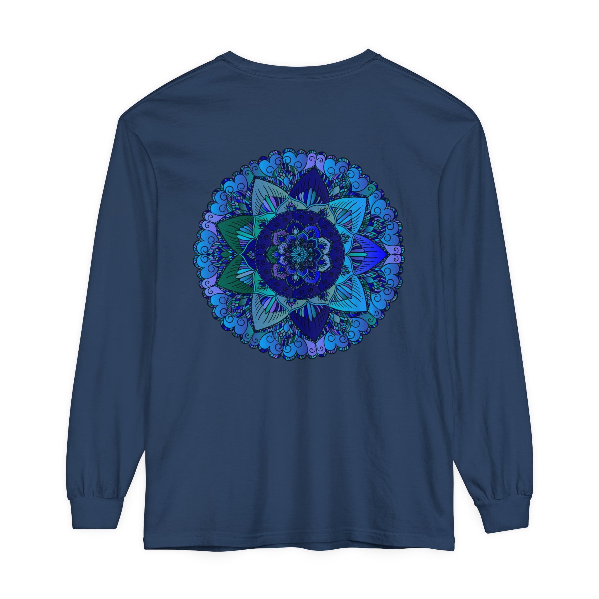 Dark blue and green mandala long sleeve t-shirt with intricate design