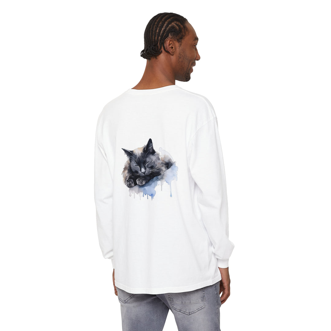 A watercolor illustration of a cute sleeping cat on a comfortable t-shirt