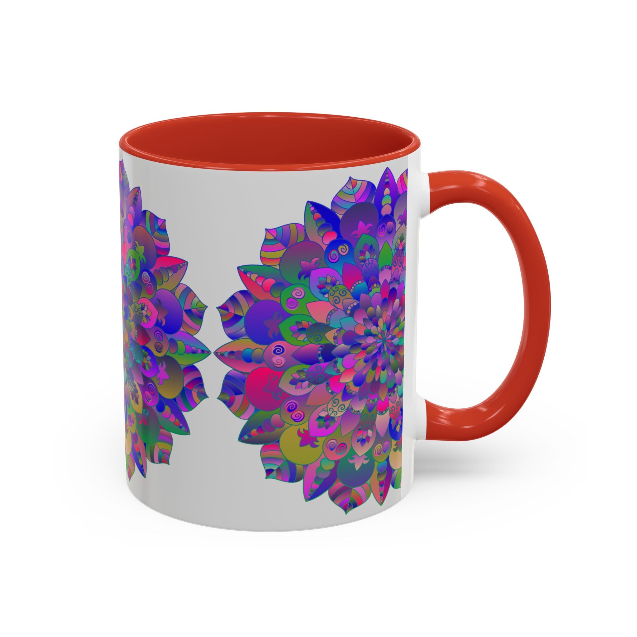 Colorful ceramic mug featuring a vibrant psychedelic mandala design, perfect for spiritual art enthusiasts