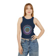 A close-up image of a vibrant mandala racerback tank top with intricate and colorful designs