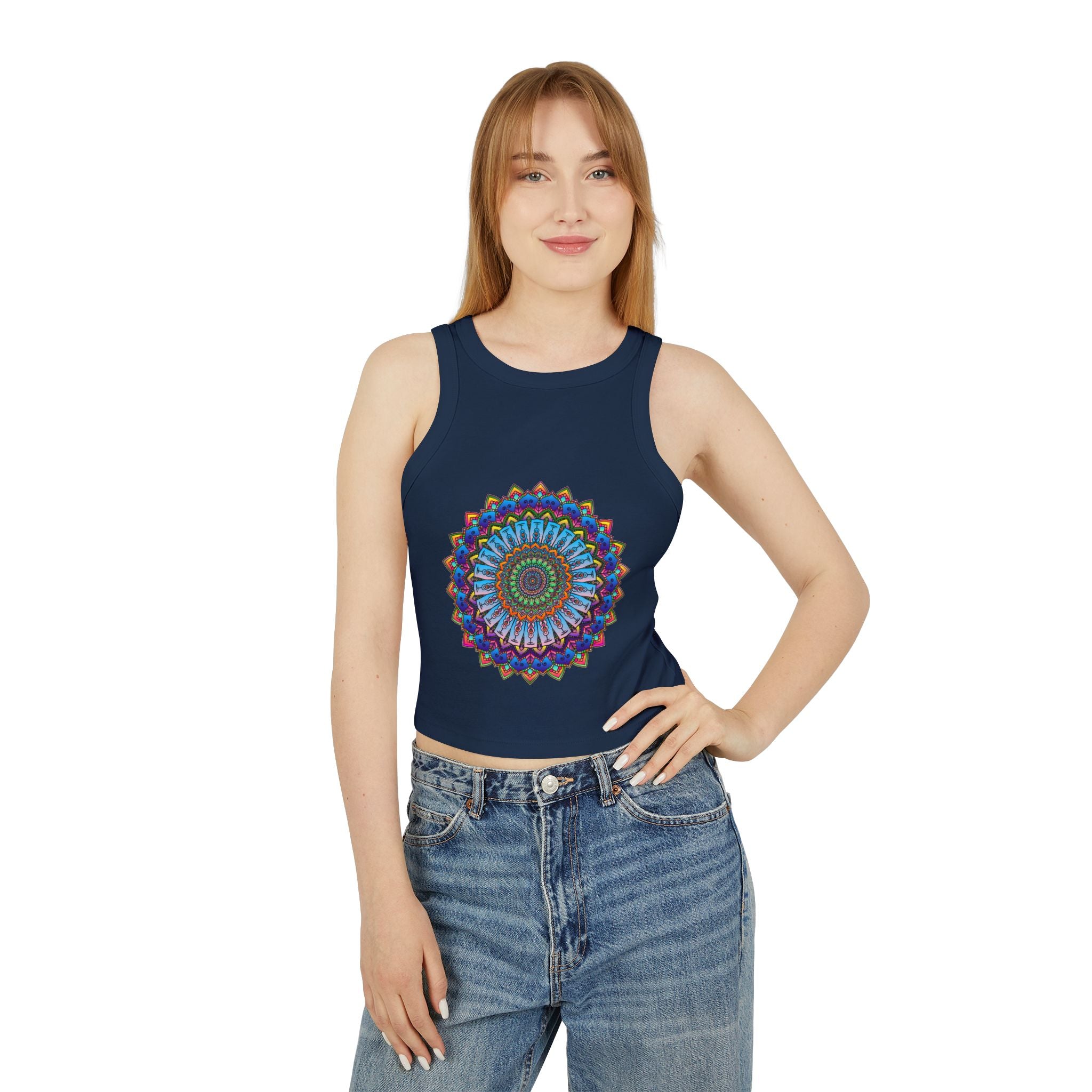 A close-up image of a vibrant mandala racerback tank top with intricate and colorful designs