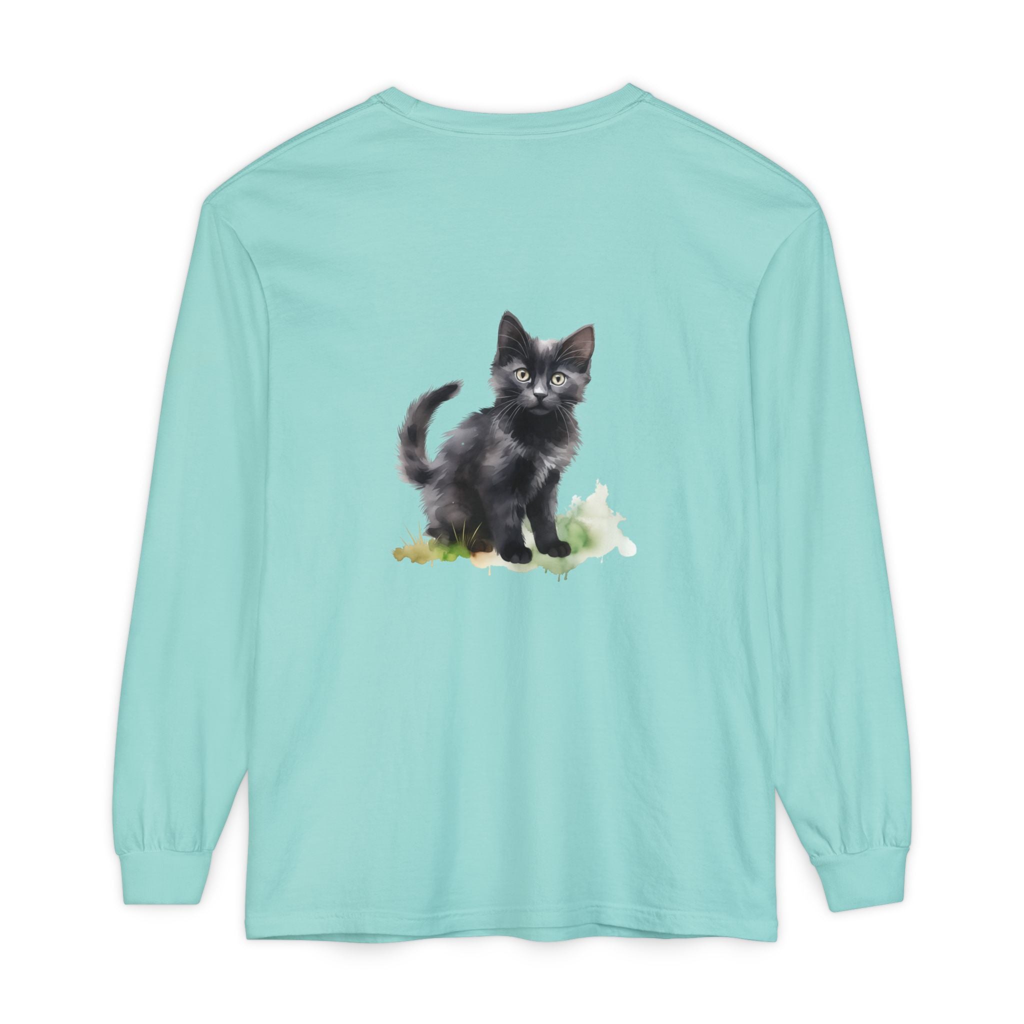 Maglietta a maniche lunghe con gatto nero e acquerello