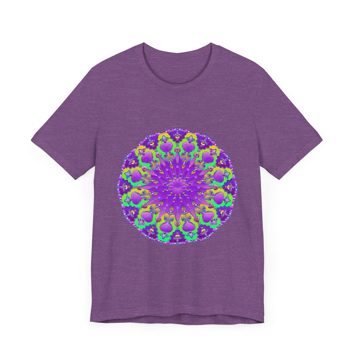 Vibrant and detailed purple and green mandala tee with intricate design