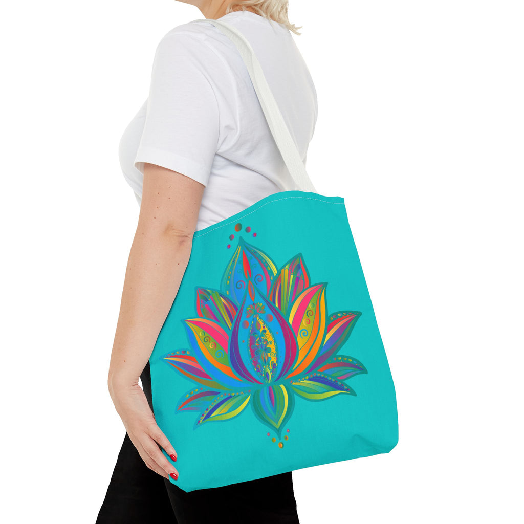 Beautiful Mandala Lotus Tote Bag in Azure Blue, perfect for carrying all your essentials in style, with intricate lotus flower design on durable fabric