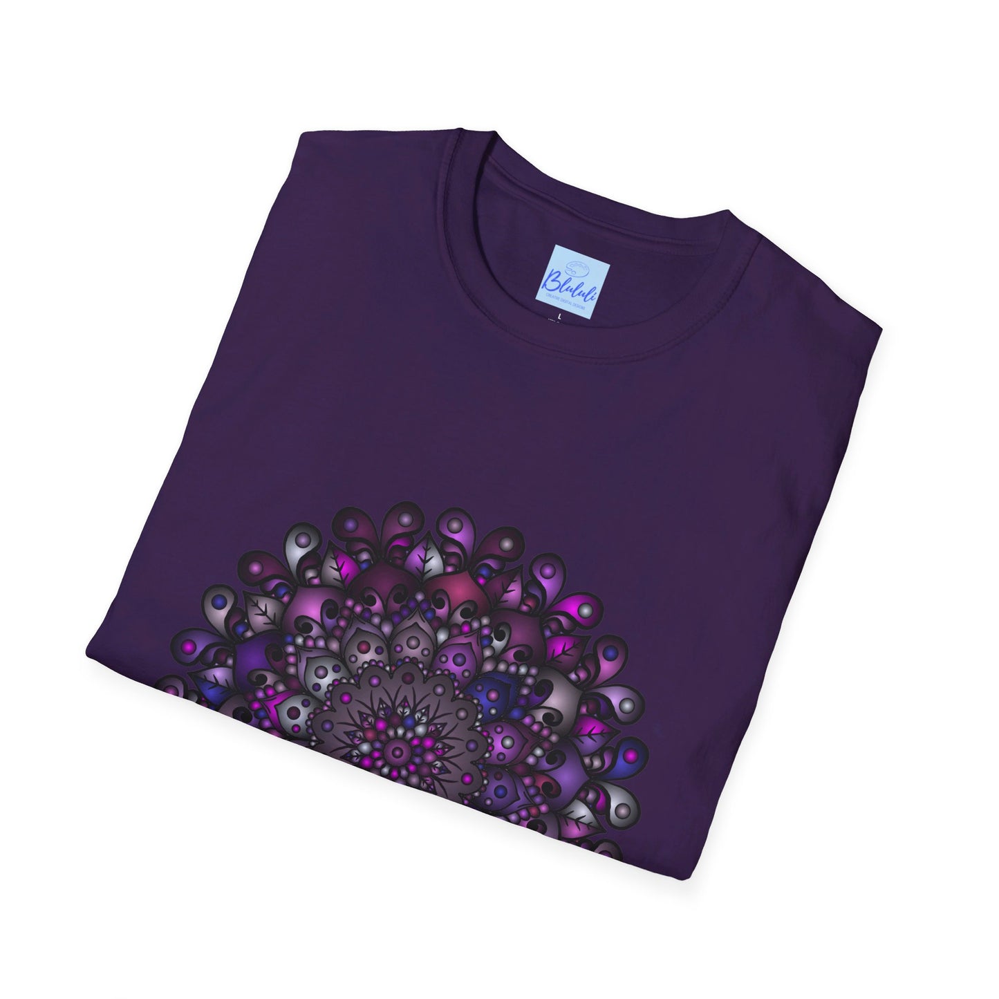 Colorful and intricate handmade mandala art design on softstyle t-shirt